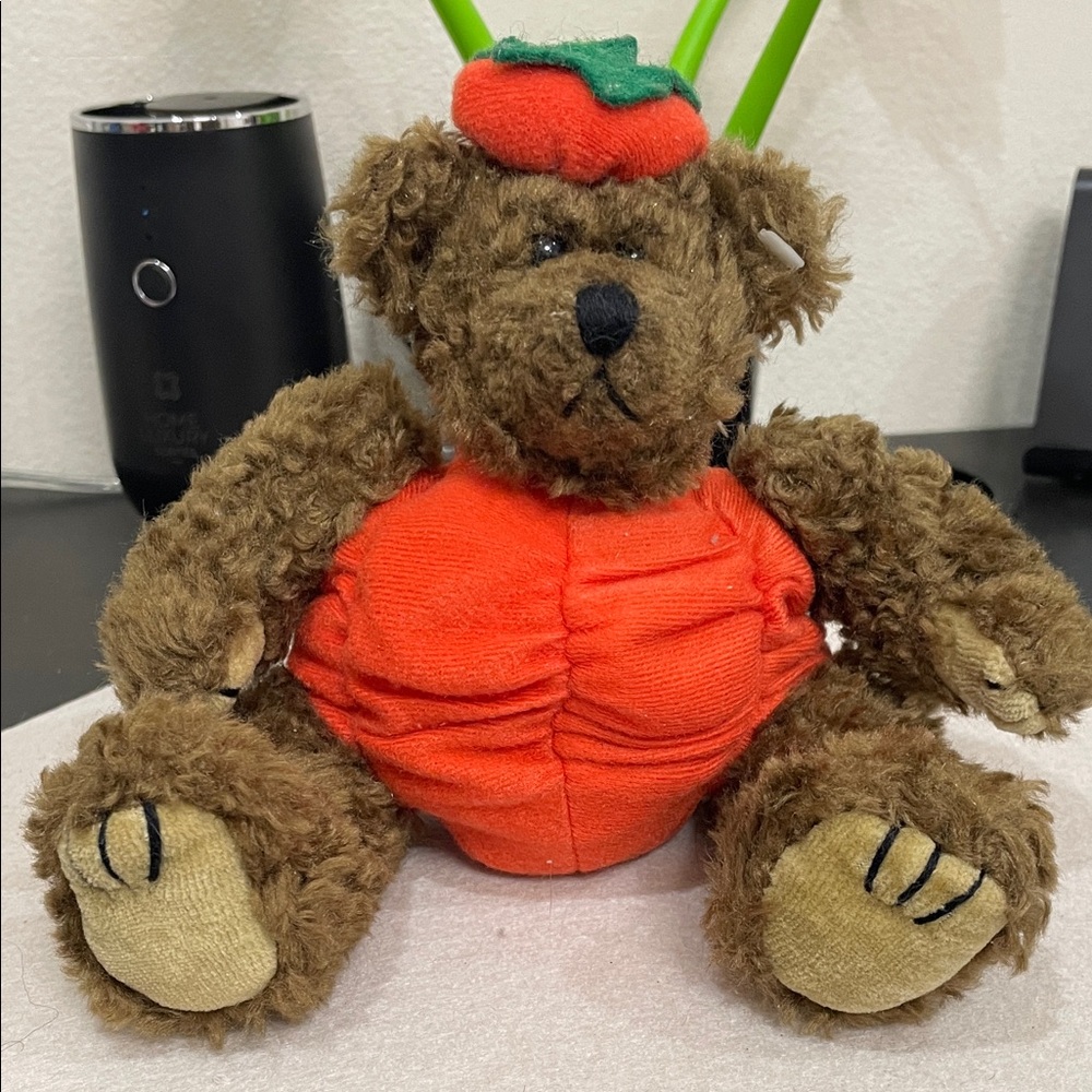 TY Plush Brown Teddy Bear Toy with Orange Pumpkin Outfit 1993 PVC pellets